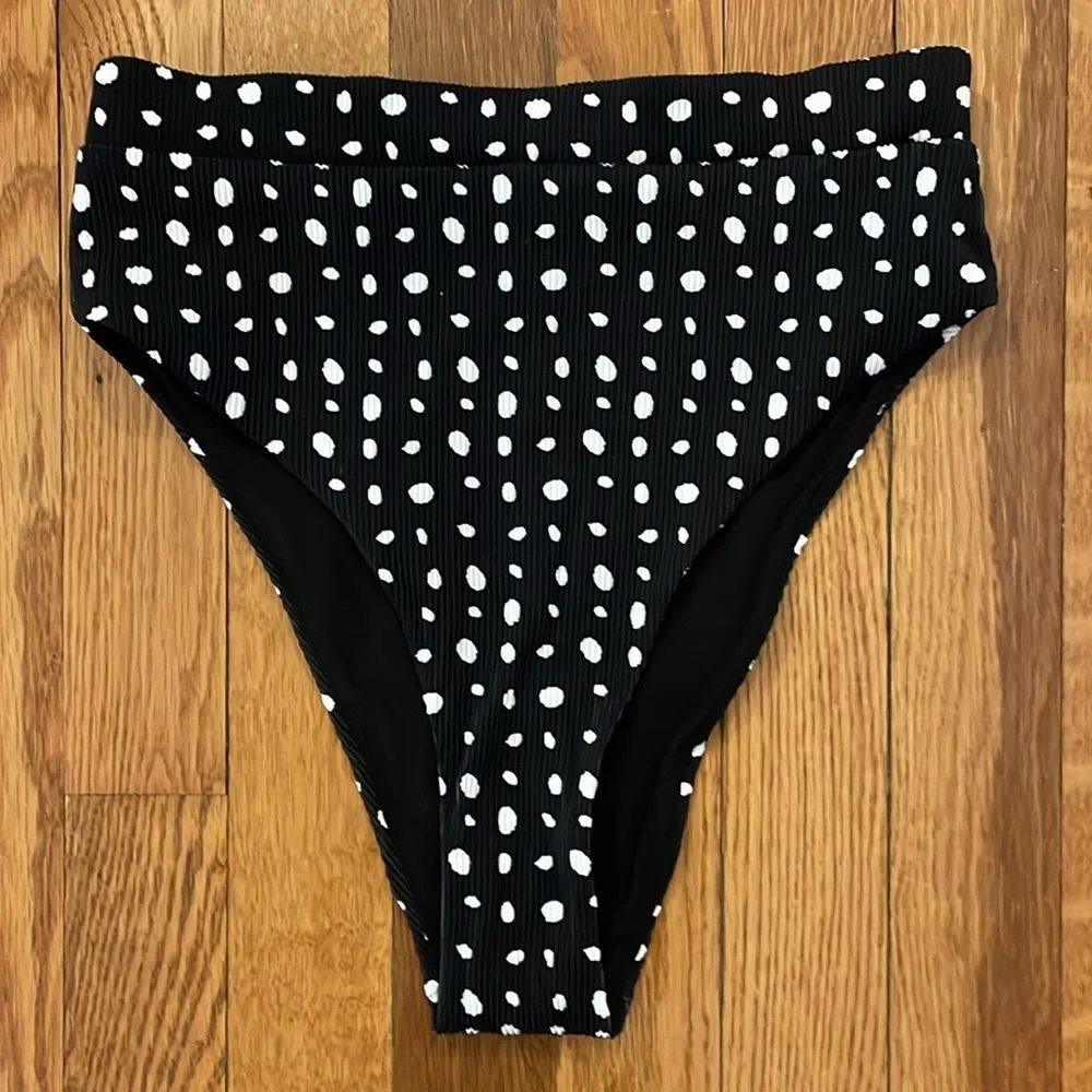 Aerie Black White Polka Dot Ribbed High Waisted Cheeky Bikini Swim Bottom S‎